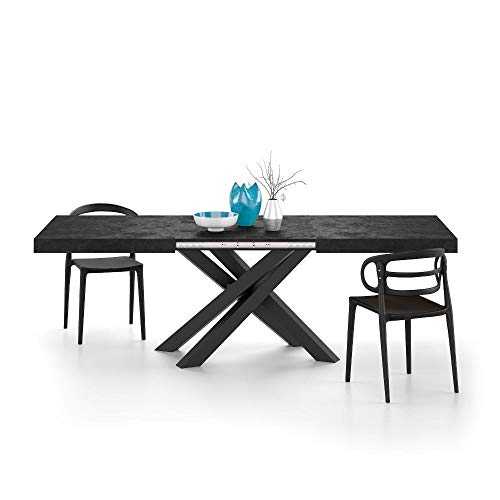 Mobili Fiver, Extendable table with black crossed legs Emma 160, Black Concrete, Laminate-finished/Iron, Made in Italy