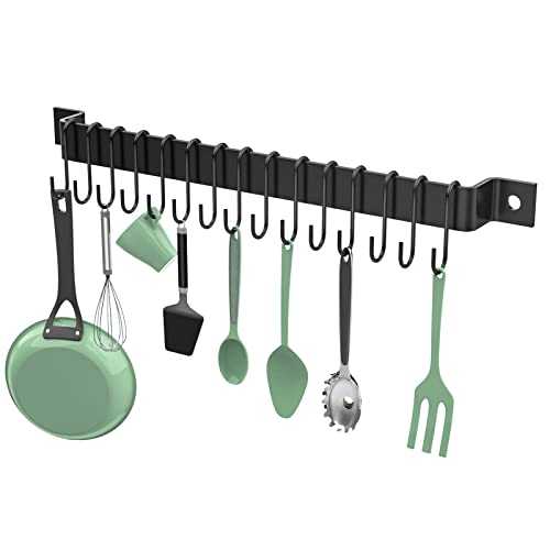 Housolution Kitchen Rail with 15 Hooks, 42 cm Kitchen Hanging Rack Pan Hanger, Kitchen Utensil Hanger Pot Pan Rack Utensil Rack for Home, Black