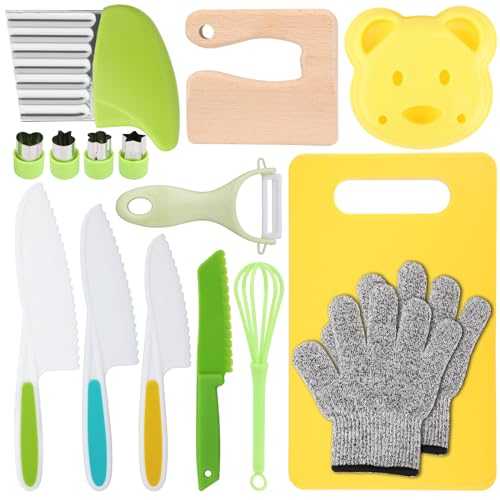 16pcs Montessori Kitchen Tools for Toddlers, Serrated Edges Wooden Kids Knife Set for Real Cooking with Fruit Vegetable Cutting Board, Gloves, Potato Slicers, Crinkle Cutter