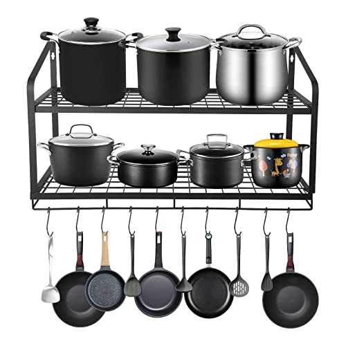 Amtiw Hanging Pot Rack, 2 Tier Pan Rack, Wall Mounted Pot Holders for Kitchen Storage, Pot and Pan Organizer with 10 Hooks, Ideal for Pans Set, Utensils, Cookware, Household.