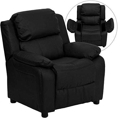 Flash Furniture Deluxe Padded Contemporary Kids Recliner with Storage Arms, Leather, Black, 66.04 x 53.34 x 53.34 cm