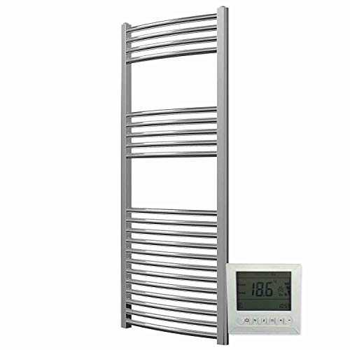 Greened House Electric Chrome 500Wide x 1200High Curved Towel Rail + Timer and Room Thermostat