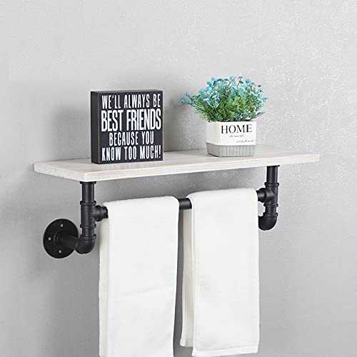 Industrial Pipe Bathroom Shelves 1-Tier Wall Mounted,24" Rustic Wall Shelf with Bath Towel Bars,Farmhouse Towel Rack,Metal & Wooden Floating Shelves,Over The Toilet Storage Shelf,White & Black