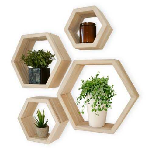 Hexagon Shelves Natural Premium Wood Floating Shelves Set of 4 Wall Shelf for Bedroom, Office, Living Room & Bathroom – Farmhouse Wall Décor - Decorative Wooden Honeycomb Shelves with Alignment Tool