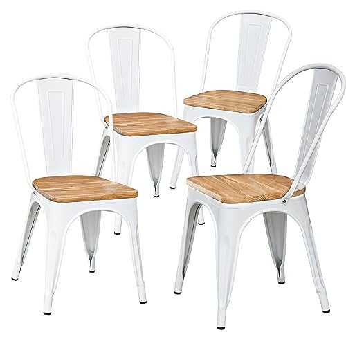 4 Dining Chairs Set, Stackable Industrial Metal Dining Chairs with Backrest and Wooden Seat, White Dining Room Kitchen Chairs for Restaurant Bistro Patio