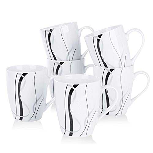 GLLP 6-Piece 360ml Ceramic Porcelain Black Stripe Patterned Tea/Milk/Coffee Mugs Office Family Coffee Cups Set