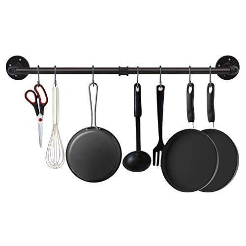 EGASON 34.3 inch Industrial Pipe Pot Bar Rack with 15 S Hooks Rustic Iron Pots and Pans Hanging Rail Pipe Towel Holder Wall Mounted Detachable Kitchen Utensil Pot Pan Lid Organizer Black