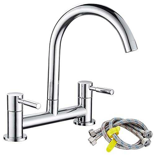 Maynosi Kitchen Sink Mixer Tap,2 Hole Kitchen Mixer Tap,Dual Lever Bridge Faucet ,180mm Centres Deck Mounted,1/4 Turn,360°Swivel Spout,Chrome Plated,Brass,Free Flexible Hoses