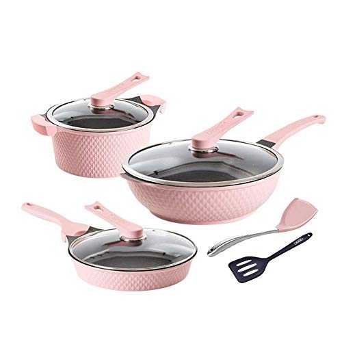 HIZLJJ 3 Piece Nonstick Pots & Pans Cookware Set Kitchen Kitchenware Cooking Household Kitchen Combination Glass Cover | Induction | Non-Stick pan (Color : Pink)