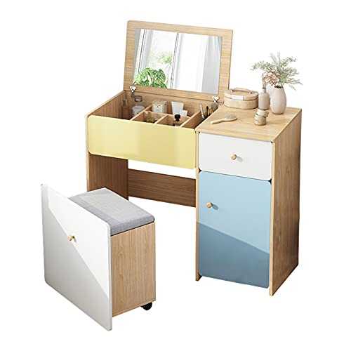 TEmkin Dressing Table Sets with Creativity Flip Up Mirror Vanity Makeup Table Set with Stool Wooden Dresser with Large Storage And Drawers for Kids Woman 80CM
