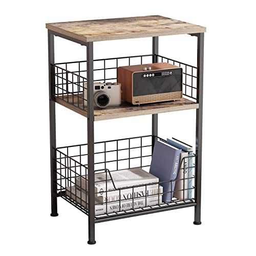 End Table,Industrial Retro Side Table Nightstand Storage Shelf for Living Room Bedroom Kitchen Family and Office,Stable Wood and Metal Frame(Rustic Brown&Black)