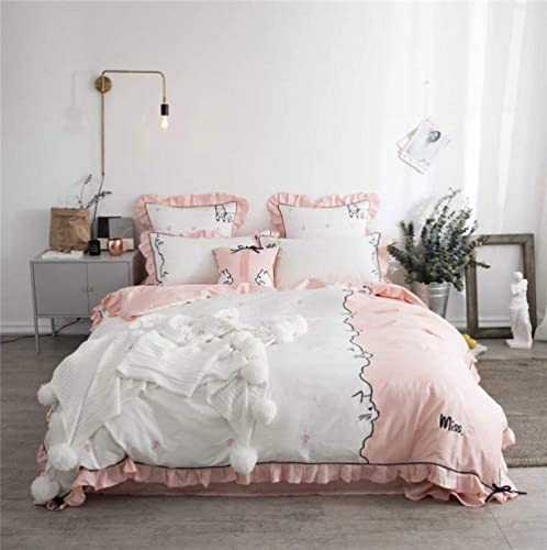 HJRBM 4/7pcs Egypt Cotton Luxury Cartoon Bedding Set Embroidery cat Bed Set Duvet Cover Bed Linen Pillowcase,1,Queen Size 7pcs (1 King size 7pcs)
