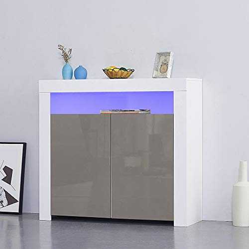 Panana High Gloss Front 2 Doors Storage Sideboard Living Room Cupboard with LED Light in White Matt Body (White/Grey)