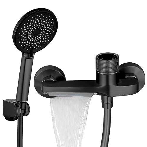 Bath Taps with Shower, Waterfall Bath Mixer Taps with Shower, Bath Shower Tap for bathrooms, Sinks, Showers and bathtubs, Brass Material (Black)