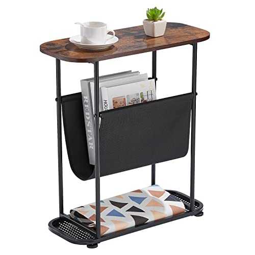 Neekor Vintage Narrow Side Table with Fabric Magazine Holder Sling,Industrial Side Table Nightstand Modern Slim End Table Sofa Table for Narrow and Space Saving in Living Room,Easy Assembly
