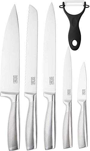 6 Piece Kitchen Knife Set - Taylors Eye Witness Full Stainless Steel Knives, Paring, All Purpose, Bread, Carving and Chef's Knives, Non-Slip Handles Plus Ceramic Vegetable Peeler, 15 Year Guarantee