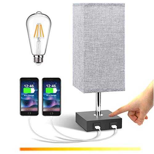 Lightess Touch Dimmable Bedside USB Table Lamp with 2 USB Quick Charge Port Fabirc Grey Table Lamp E27 Warm White Reading lamp 3 Level Dimming for Bedroom Hotel Study Office (Include E27 Bulb) Grey