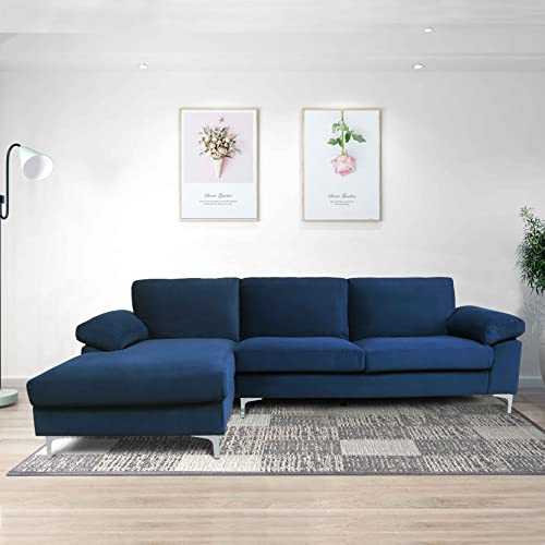 ATY L Shape Velvet Sectional Sofa, Futon Corner Couch Chaise with Metal Legs and Removable Cushions Perfect for Living Room, Left Hand Facing (Navy Blue)