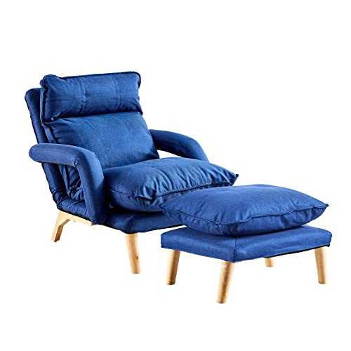OFCASA Armchair with Stool Modern Relaxing Chair with Waist Cushion 5 Positions Padded Adjustable Floor Chair Lounge Chair Padded Chair for Living Room Bedroom Blue