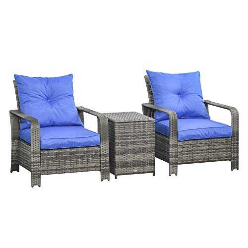 Outsunny 3 pcs PE Rattan Wicker Garden Furniture Patio Bistro Set Weave Conservatory Sofa Storage Table and Chairs Set Blue Cushion Grey Wicker