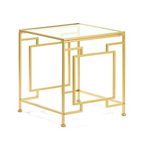 YiLifebes Gold Side Table, Glass Top End Table with Metal Frame, Square Coffee Accent Table Modern Style for Living Room, Balcony, Sofa(20 inch)