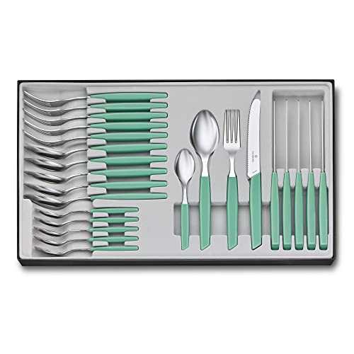 Victorinox Swiss Modern 24 Piece Cutlery Set, Table Knife, Dinner Fork, Table Spoon, Coffee Spoon, Green Stainless Steel