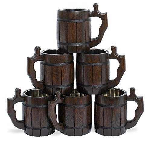 Handmade Beer Mug Set of 6 Wood Natural Stainless Steel Cup Men Gift Eco-Friendly Barrel Souvenir Round Brown