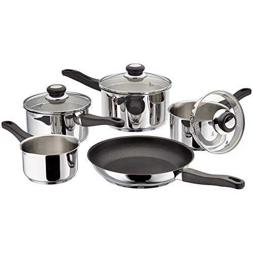Judge Vista J3C1A Set of 5 Stainless Steel Draining Pans in Gift Box - 16cm 18cm 20cm Saucepans with Lids, 14cm Milk Pan, 26cm Non-Stick Frying Pan, Induction Ready, 25 Year Guarantee