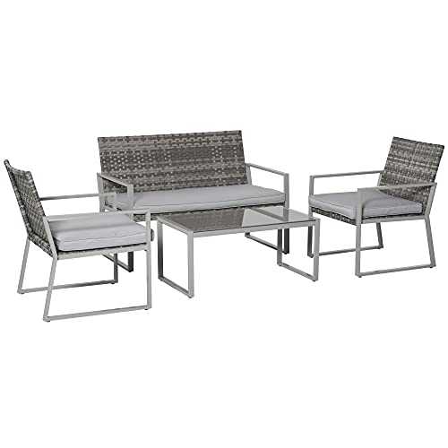 Outsunny 4PC Rattan Garden Furniture Set 2 Single Sofa Arm Chairs 1 Bench with Cushions & Coffee Table Patio Backyard Wicker Weave