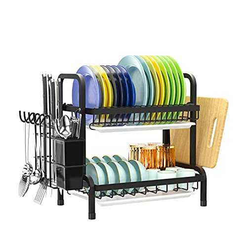 Stainless Steel 2 Tier Dish Drainer Drying Rack Kitchen Draining Board With Drip Tray Swan Dish Drainers Large Dishes Racks Smhouse Rust Proof Plates Sink Washing Up Rack (black)