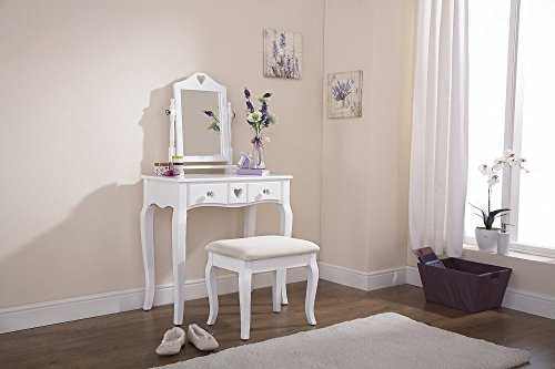 Home Source - Vanity Dressing Table With Stool & Mirror White 1 Drawer Dresser Heart Design