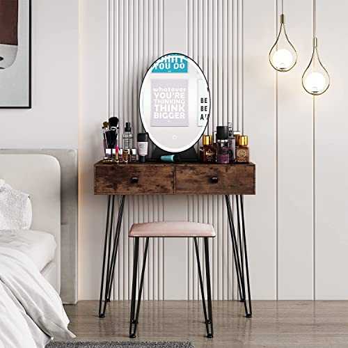 YOLEO Bedroom Dressing Table with Jewelry Drawer, Vanity Table Set with Adjustable LED Light Mirror and Stool, Industrial Style Women Girls Writing/Makeup Desk W80 x D40 x H76 cm