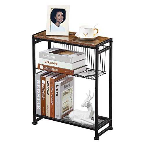 BOUKIDA Side Table Small End Table with Magazine Holder 2 in 1 Design Slim Side Table for Spaces Narrow End Table Skinny Bedside Table for Living Room Bedroom Nightstand Thin Side Table