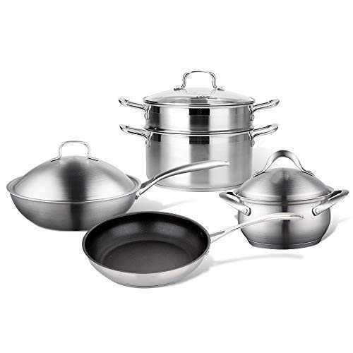 KPOON Pot Cookware Set 4-Piece Stainless Steel Pot Pan Sets With With Stainless Steel Cover And Handles Induction Safe Steamer Saucepan Frypan For Kitchen Is a Good Helper For Your Cooking