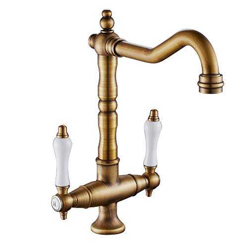 Kitchen Mixer Tap Antique Brass Kitchen Dual Lever Kitchen Mixer Tap with 2 Handle Cold and Hot Mixer Tap Brass Basin Faucet with UK Standard Fittings(Antique)