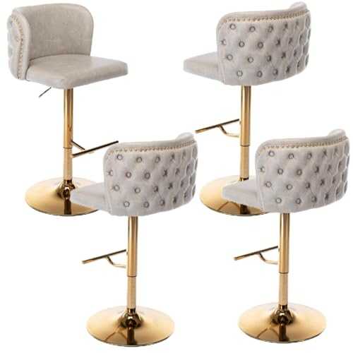 I0I&I0I Modern Beige Swivel Bar Stools | Adjustable Height, Stylish PU Upholstery, Gold Accents | Ideal for Dining, Home, Kitchen (Set of 4)