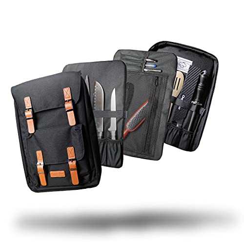 Chef Knife Bag Vintage Style Backpack | 30+ Pockets for Knives & Tools | Special Slot for Honing Rod & Cleaver | Durable Knife Case for Chefs & Culinary Students (Black)