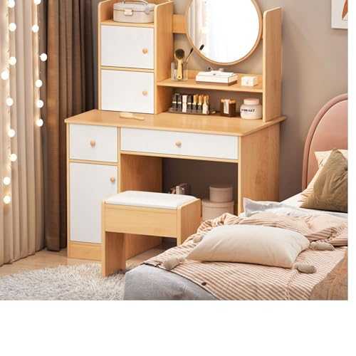 Saimly Dressing Table with Mirror and Lights, Cute Vanity Table, Small Makeup Table for Bedroom with Lots Storage, 3 Lighting Modes, 31.5in(L) maple color