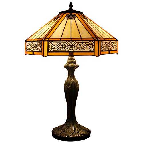 Tiffany Lamp Yellow Hexagon Stained Glass Mission Style End Coffee Table Lamps Bookcase Reading Lighting Lampshade Antique Base W16 H24 Inch Living Room Bedroom Bedside Desk S011 WERFACTORY