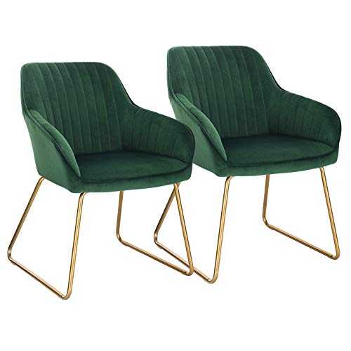 WOLTU Dark Green Kitchen Dining Chairs Set of 2 PCS Counter Lounge Living Room Corner Chairs Golden Steel Legs Reception Chairs Tub Chairs Armchairs with Backrest & Armrests