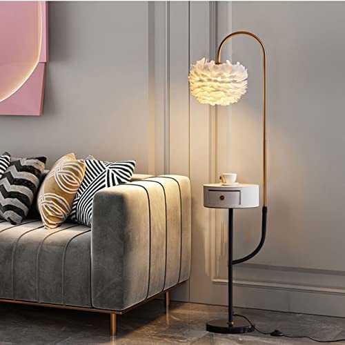 HXDZ Floor Lamp, With White Feather Lampshade And Wooden Drawer Table, Wireless Charging And USB Ports, Remote Control Dimmable Tall Pole Light For Livingroom And Bedroom