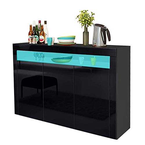 Dripex LED Sideboard Cabinet - Storage Cupboard unit with Matt Body & High Gloss Front for Dining Room Living Room (Black 3 Door)