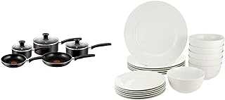 Tefal 5 Piece, Essential, Pots and Pans Set, Black, Aluminium, Non Stick & Amazon Basics 18-Piece Dinnerware Set, Service for 6