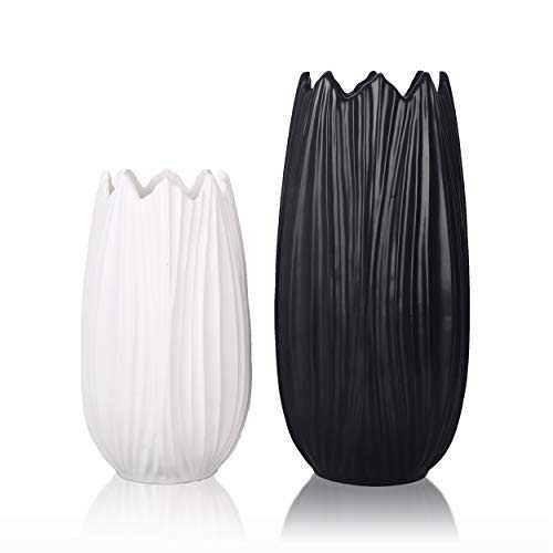 TERESA'S COLLECTIONS Black and White Modern Ceramic Vase Set of 2, Glazed Decorative Tall Vases with Leaves Shape for Home Decor, Living Room, Bedroom and Mantel, 21cm & 28cm Tall