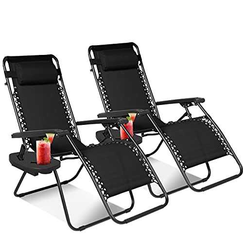 Set of 2 Heavy Duty Textoline Zero Gravity Chairs Garden Outdoor Patio Sun Loungers Folding Reclining Chairs Black