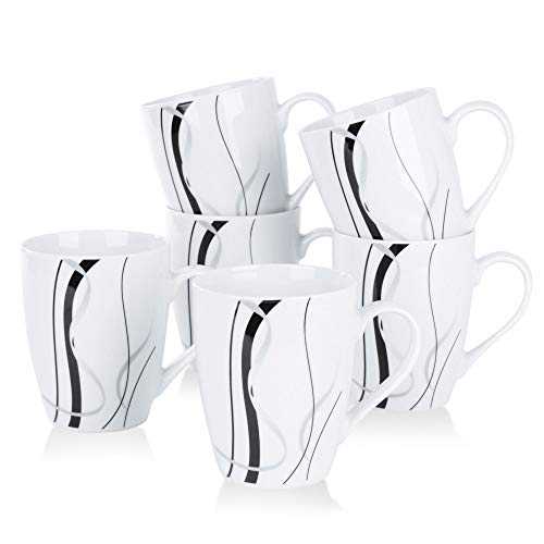 VEWEET 'Fiona' 6-Piece Mug Sets 360ml Porcelain Patterned Coffee Tea Mugs, Height 10.3cm Mugs for Cappuccino, Coffee, Tea, Cocoa, Mulled Drinks, Cap, Cereal, Oatmeal or Protein Shakes