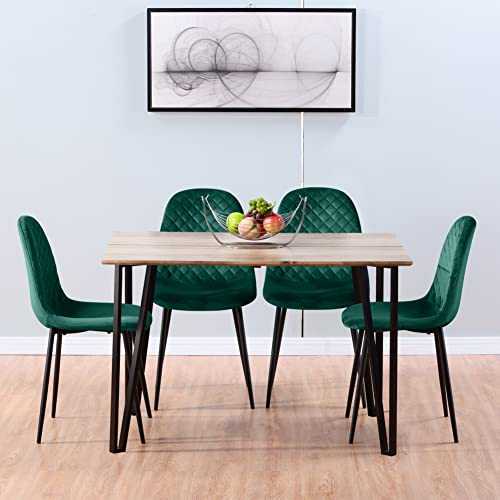 GOLDFAN Dining Table and Chairs Set of 4 Solid Wood Style Kitchen Table and Velvet Chairs Dining Room Home Office Set (110cm, Green)