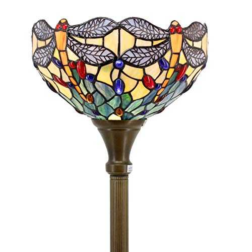 Tiffany Floor Lamp Torchiere Up Lighting W12H66 Inch Sea Blue Stained Glass Crystal Bead Dragonfly Lampshade Antique Metal Standing Base S128 WERFACTORY LAMPS Lover Living Room Bedroom End Table Gifts