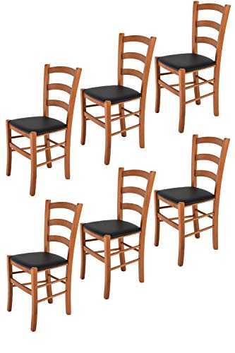 Tommychairs - Set of 6 chairs VENICE suitable for kitchen and dining room, structure in beechwood, painted colour cherry tree and upholstered seat covered in artificial leather colour black