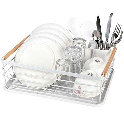 Vinsani Dish Drainer Drying Rack with Wooden Handles Drip Tray Draining Board and Removable Cutlery Holder, Minimalist Dish Rack, 42.5 x 30.5 x 14cm (White)
